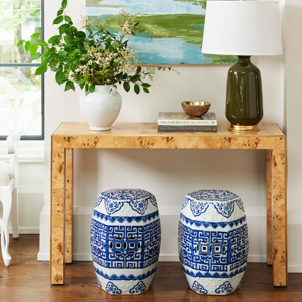 Anders Burl Console Table Styled with Garden Stools
