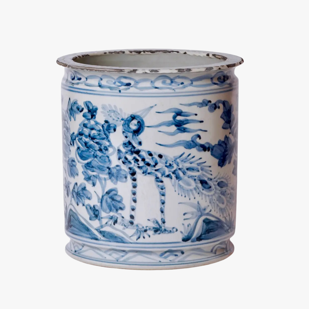 Blue Peacock Orchid Pot - Chinoiserie Bird Planter