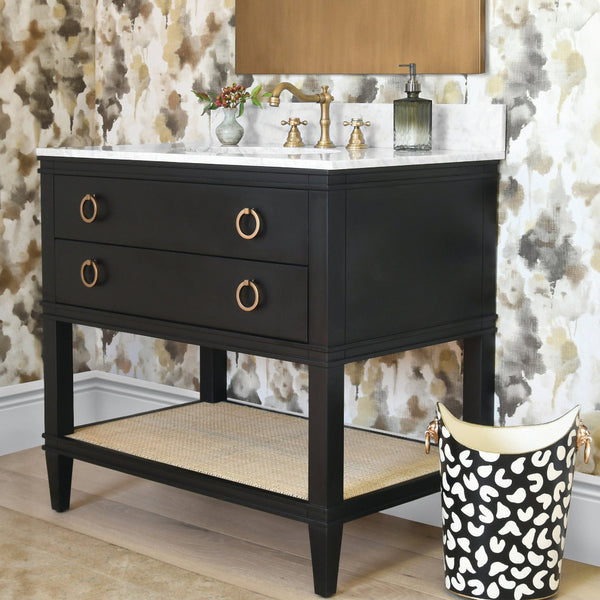 Cogswell Black Vanity Styled in bathroom with wallpaper