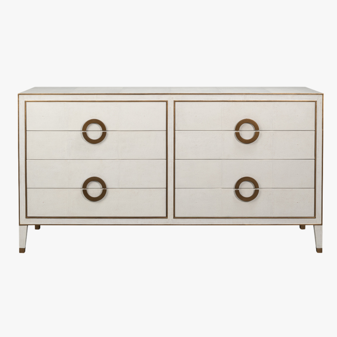 Levi Updated Traditional White Shagreen Leather Double Dresser | Wood/Leather/Suede