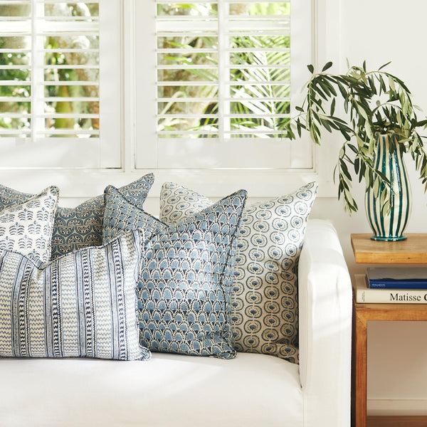 Kampala Azure Lumbar Pillow Cover and Scopello Tahoe Styled on sofa