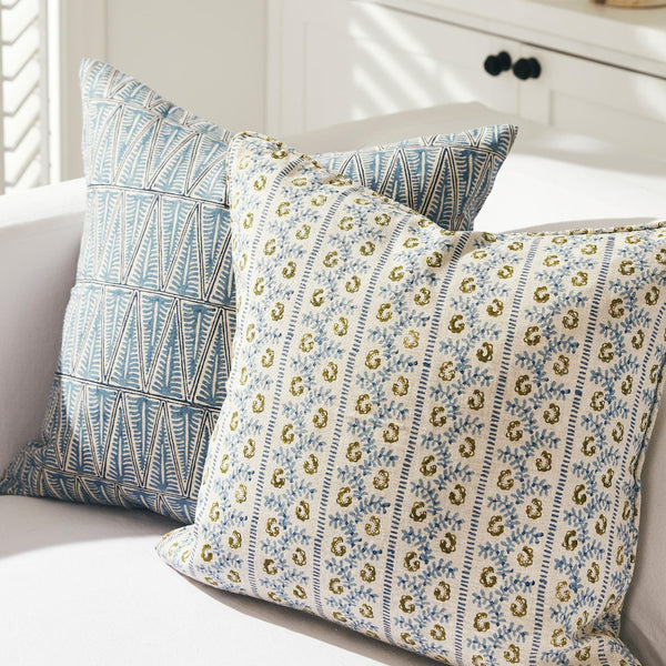 Lucca Moss Azure Pillow Cover styled with Milos Azure Pillow Cover