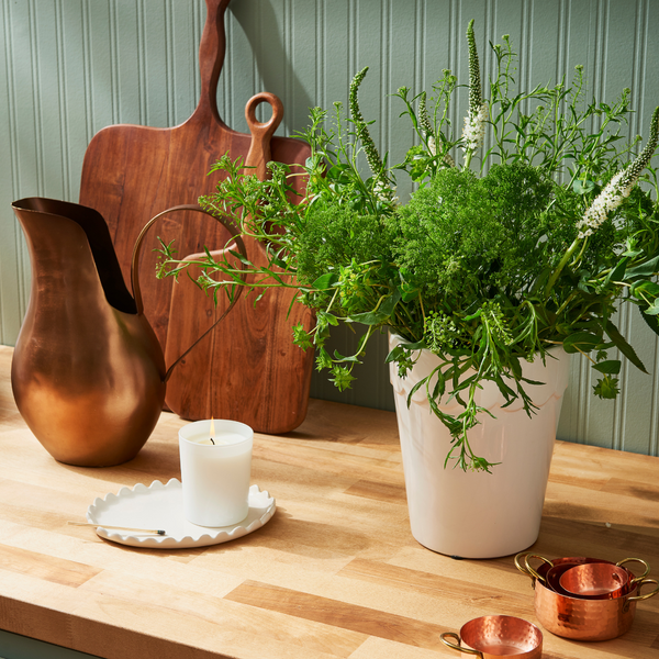 Cobbled Aged Bronze Pitcher Styled in Green Kitchen