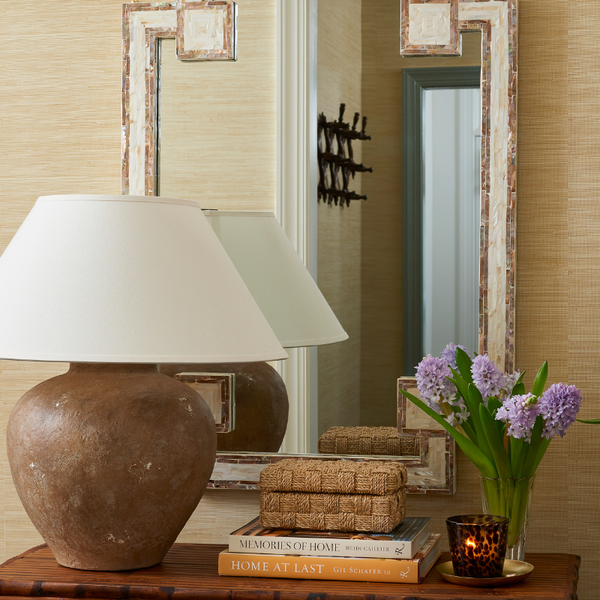 St Barths Mirror Styled with lamp and bamboo table 