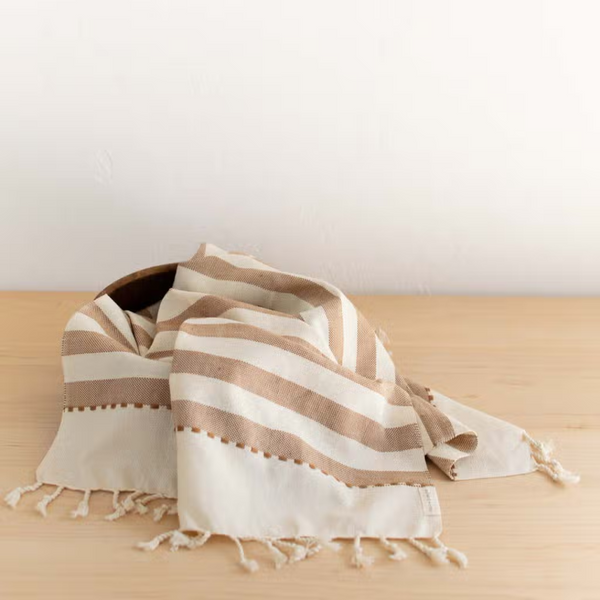 Tan Wide Stripes Hand Towel Styled in Wood Bowl