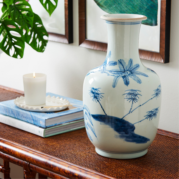 Blue Palm Mallet Vase Styled on Bamboo Console