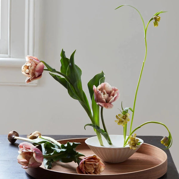 Ceramic Pleated Flower Frog Vase Styled with tulips