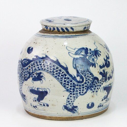 Blue and White Dragon Ming Lidded Jar