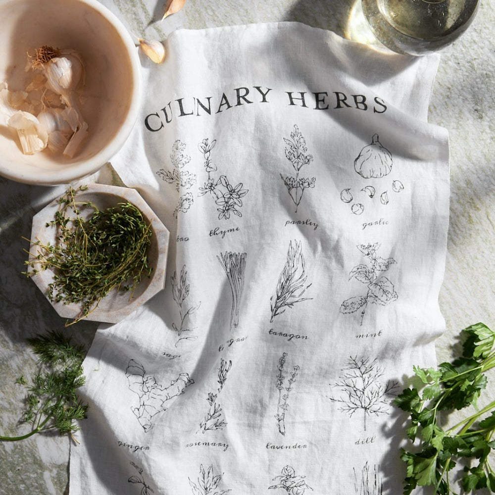 Culinary Herbs Tea Towel - Linen Kitchen Hand Towels - Dear Keaton