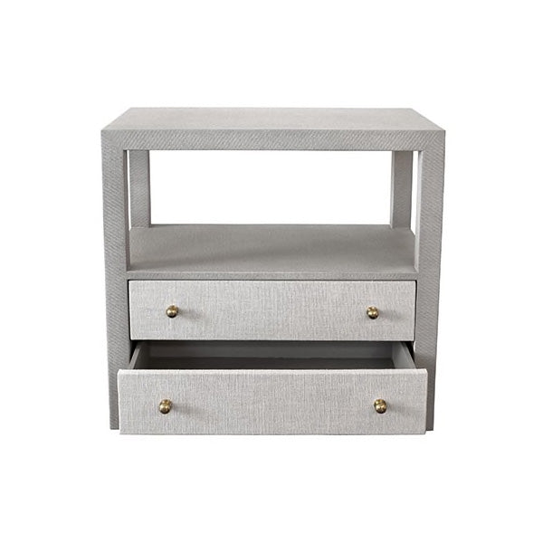Hannah Grey Grasscloth Side Table with Textured Linen Drawers