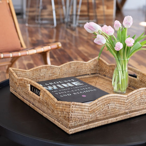 Scalloped Rattan Large Square Tray Styled