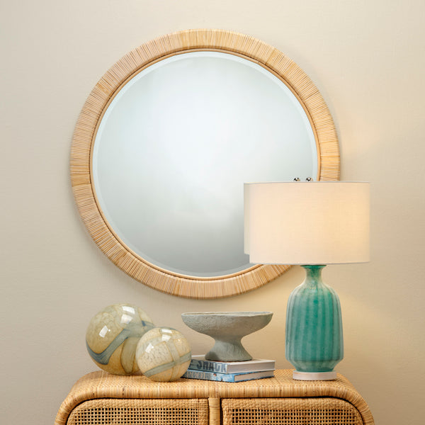 Aloha Round Mirror above  rattan console