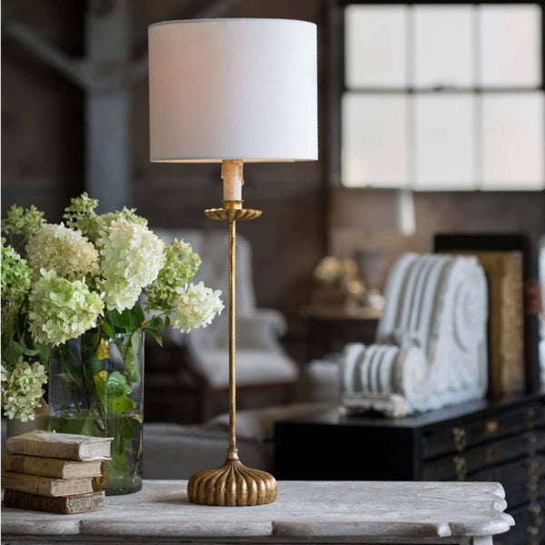 Clove Buffet Lamp with White Linen Shade on table with flowers