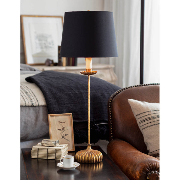 Clove Buffet Lamp with Black Linen Shade on side table