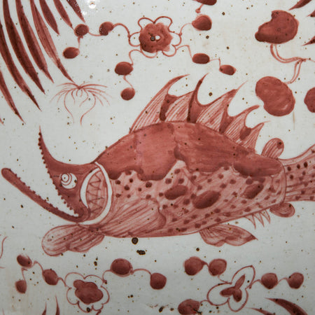 Venetian Red Fish Garden Stool - handpainted fish closeup