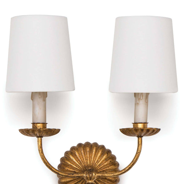 Gold Leaf Clove Double Sconce with white shades