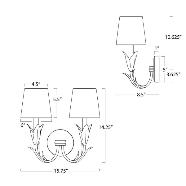 River Reed Double Sconce Diagram with dimensions