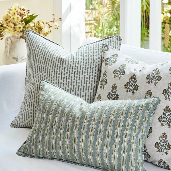 Seti Moss Celadon Pillow Cover styled with Mashru Celadon Moss Lumbar
