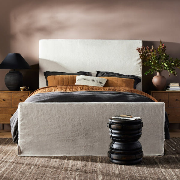 Duvall Slipcovered Bed styled in moody bedroom