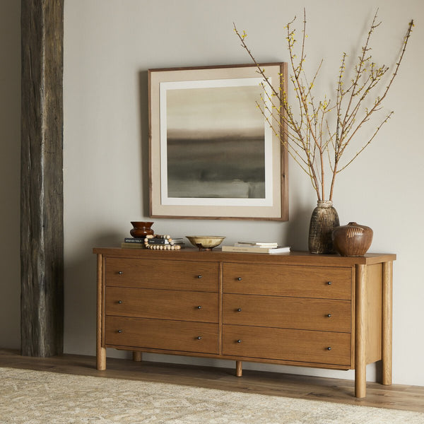 Remy Oak Double Dresser styled in bedroom