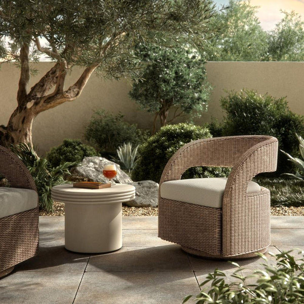 Haverhill Outdoor Swivel Chair styled on patio