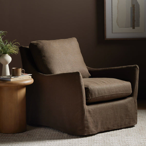Moira Slipcover Swivel Chair - Coffee Linen Styled