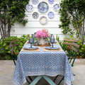 Charlotte Indigo Table Cloth styled on patio