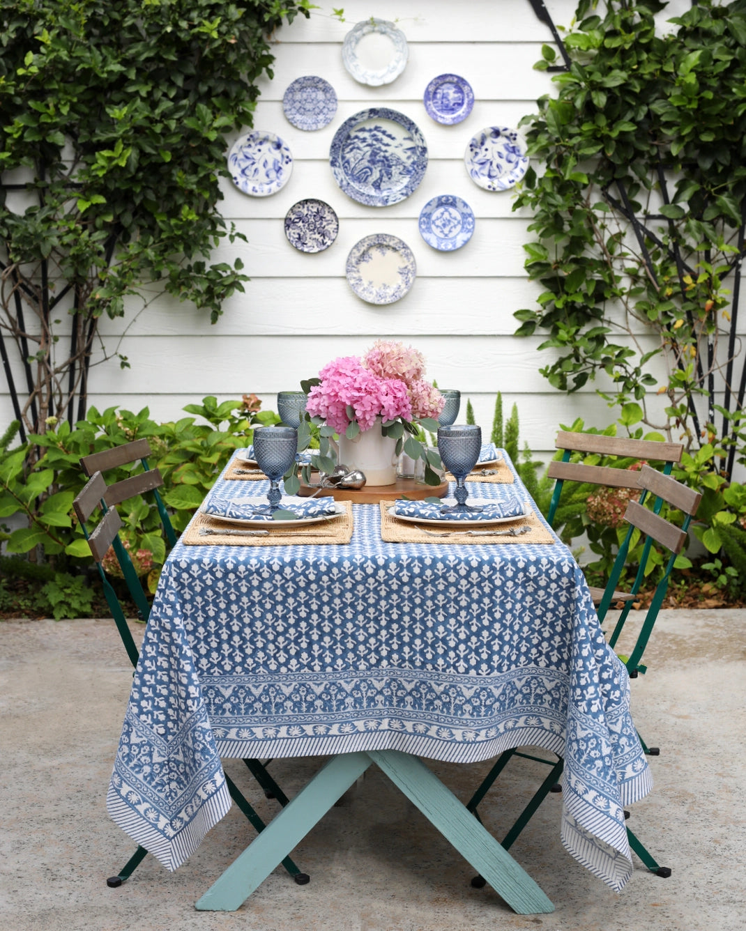 Charlotte Indigo Table Cloth styled on patio
