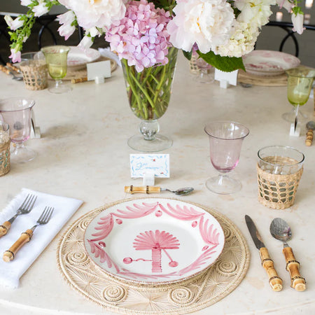 Casa Nuno Pink Palm Plate styled on table - Elizabeth Cook