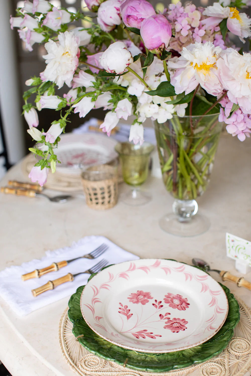 Casa Nuno Pink Flower Plate on table with pink peonies