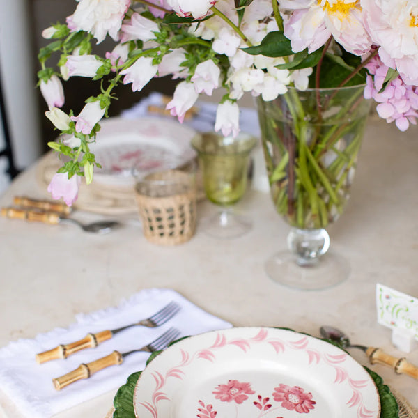 Casa Nuno Pink Flower Plate on table with pink peonies