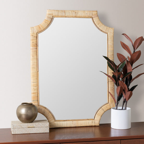 Brava Wrapped Rattan Mirror styled on console table