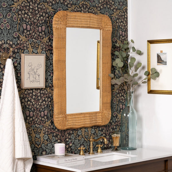 Amoroso Woven Rattan Mirror in powder room with wallpaper