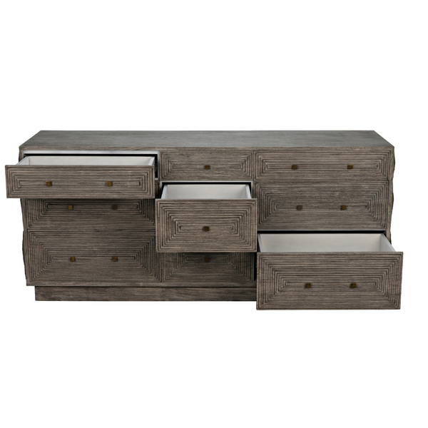 Baram Distressed Grey Dresser with open drawers