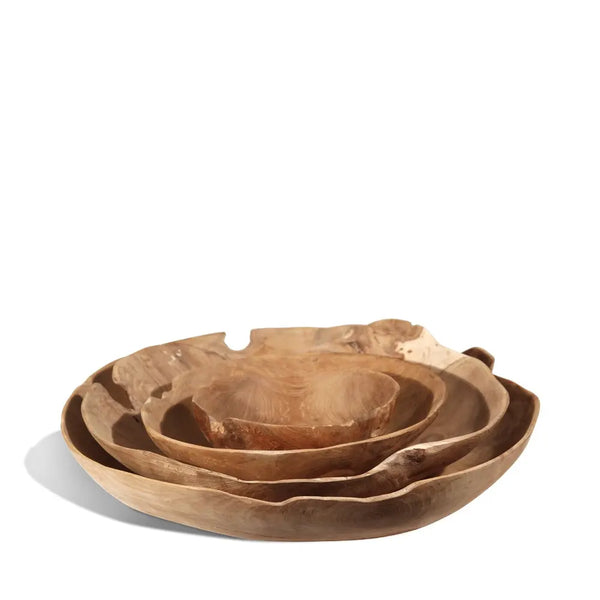 Four sizes of natural organic wood bowls with live edge