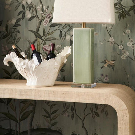 Captiva Natural Waterfall Console styled with chinoiserie wallpaper