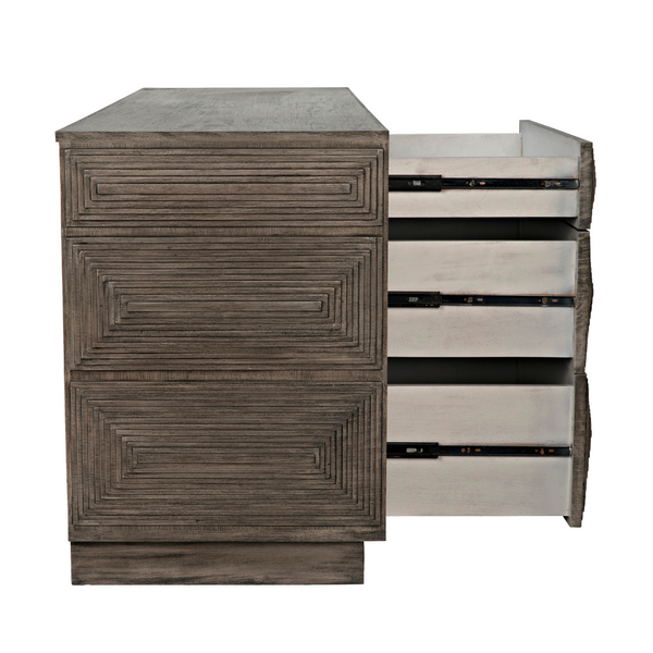 Baram Distressed Grey Dresser Side View with open drawers