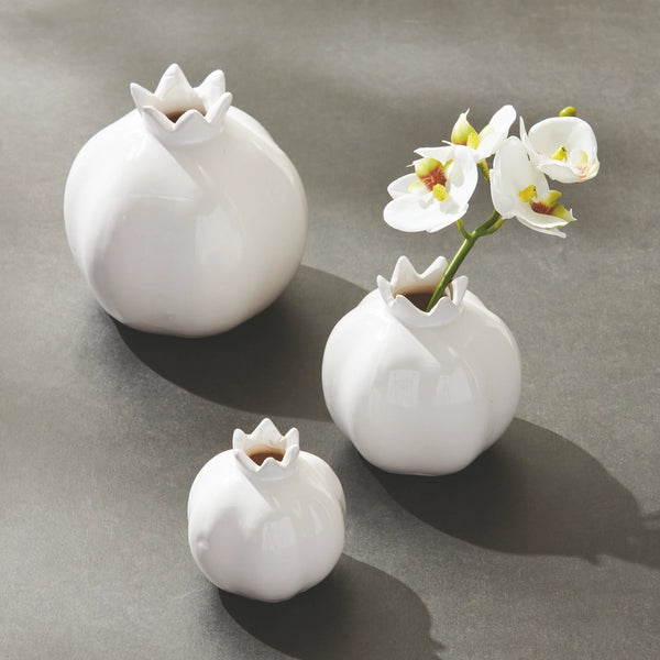 Pomegranate Bud Vases with orchid bloom