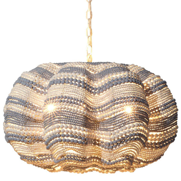 Blue Stripe Beaded Clamshell Chandelier illuminated