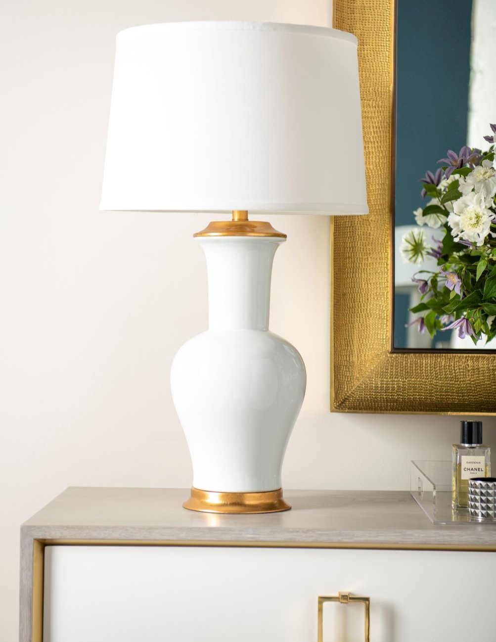 Madeline White Ceramic Lamp styled on dresser