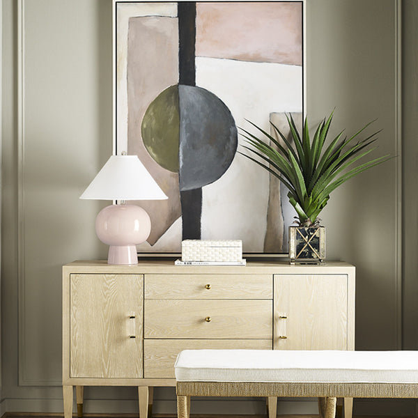 Javon Cerused Oak Buffe Styled with pink lamp