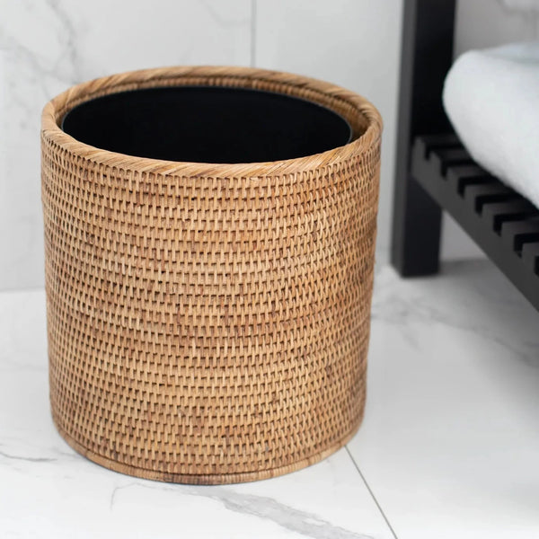 Woven Rattan Wastebasket  styled in bathroom