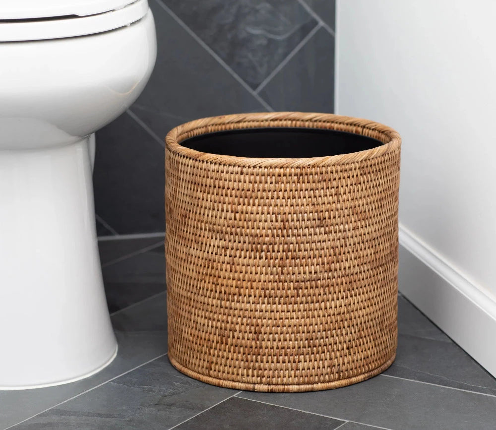 Woven Rattan Wastebasket in bathroom