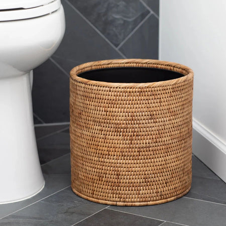 Woven Rattan Wastebasket in bathroom