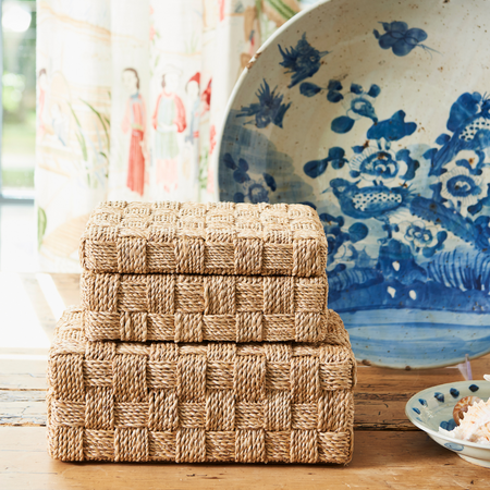 Chinoiserie Bird Shallow Bowl styled with Abaca Rope Boxes