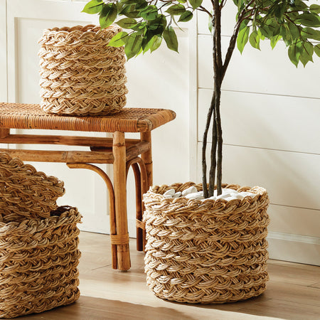 Abaca Braid Storage Basket Set with silk tree and rattan bench