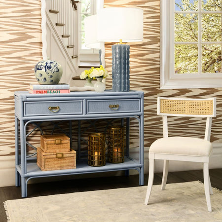 Alexa White Chair and Blue Rattan Console Styled