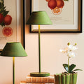 Alix Green Linen Rechargeable Lamp styled with fruit art