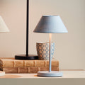 Alix Light Blue Linen 10 inch Rechargeable Lamp on desk