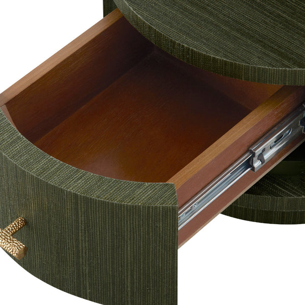 Alton Deep Olive Green Round Side Table stained drawer interior